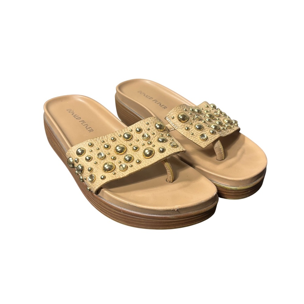 Donald Pliner Fifi Sand Tan Leather Gold Studded Wedge Slide Sandals Womens 9.5M